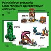 Na zielonym tle znajduje się tekst: "Poznaj więcej zestawów LEGO Minecraft, sprzedawanych oddzielnie". Obok widoczne są cztery zestawy LEGO Minecraft z numerami: 21278, 21276, 21274 i 21277, przedstawiające różne konstrukcje i postacie z gry Minecraft.