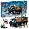 Zestaw LEGO City przedstawia ciężarówkę z laboratorium arktycznej odkrywczyni, składającą się z 1064 elementów, z widocznymi figurkami i akcesoriami na tle zimowego krajobrazu. Na opakowaniu znajduje się logo LEGO oraz napis "City", a także oznaczenie wie