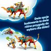 Na zdjęciu znajduje się zestaw klocków przedstawiający kolorowego, ognistego kameleona z elementami w odcieniach czerwieni, pomarańczu i turkusu, z którego wydobywa się płomień. Obok widnieje tekst: "Dwie opcje budowania to dwie różne przygody do wyboru d