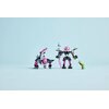 Zestaw LEGO przedstawia dwa modele: robota z różowymi i czarnymi elementami oraz mniejszą figurkę przypominającą zwierzę z różowymi akcentami. Obok znajduje się mała, zielona figurka z kolorowymi detalami.