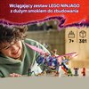 Na zdjęciu znajduje się zestaw LEGO Ninjago z dużym smokiem do zbudowania, wokół którego ustawione są różne figurki. W górnej części obrazu widnieje napis: "Wciągający zestaw LEGO NINJAGO z dużym smokiem do zbudowania", a obok znajdują się ikony z oznacze