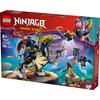 Pudełko zestawu LEGO NINJAGO Dragons Rising zawiera ilustrację mecha smoczego jeźdźca oraz cztery minifigurki postaci. Na opakowaniu widnieje tekst: "8+, 71843, Rogue's Mech Dragon Rider, 584 pcs" oraz logo LEGO.