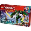 Pudełko zestawu LEGO przedstawia zielonego mecha z dużymi, żółtymi mieczami, otoczonego przez inne postacie i pojazdy w dynamicznej scenerii. Na opakowaniu widnieje napis: "LEGO NINJAGO DRAGONS RISING 9+ 71845 Lloyd's Jet Mech 1112 pcs".