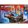 Obrazek przedstawia zestaw klocków LEGO z serii Ninjago, ukazujący szczegółowy model statku z trzema żaglami ozdobionymi symbolami. Na górze widnieje napis "LEGO NINJAGO DRAGONS RISING", a poniżej informacje: "14+", "71848", "The Temple Bounty", "2387 pcs