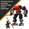 Na zdjęciu znajduje się zestaw klocków LEGO przedstawiający mecha i figurkę inspirowaną postacią z serii Star Wars, trzymających czerwony, dwustronny miecz świetlny. W lewym górnym rogu widnieje tekst: "Chwytne ręce do trzymania dwustronnego miecza świetl