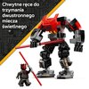 Na zdjęciu widoczny jest zestaw klocków LEGO przedstawiający dużą figurkę robota oraz mniejszą figurkę postaci z czerwonym mieczem świetlnym. W lewym górnym rogu znajduje się tekst: "Chwytne ręce do trzymania dwustronnego miecza świetlnego" na tle czarnej