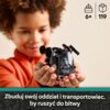 Na zdjęciu widoczny jest zestaw LEGO z motywem Star Wars, trzymany w dłoniach, z grafiką szturmowca na przodzie. W górnym rogu znajdują się ikony z oznaczeniem wieku 6+ i liczbą elementów 119, a na dole napis: "Zbuduj swój oddział i transportowiec, by rus