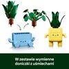 Na zdjęciu widoczne są elementy zestawu LEGO, w tym dwie wymienne rośliny oraz dwie doniczki z uśmiechniętymi buźkami, jedna niebieska, druga żółta. Na dole zdjęcia znajduje się napis: "W zestawie wymienne doniczki z uśmiechami".
