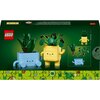 Opakowanie zestawu LEGO 10349 Botanicals Wesołe roślinki przedstawia dwa uśmiechnięte, kolorowe doniczki z roślinami, jedną niebieską i jedną żółtą, na zielonym tle. Na opakowaniu widoczne jest logo LEGO oraz ilustracje pokazujące szczegóły zestawu i spos