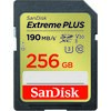 Karta pamięci z napisem "SanDisk Extreme PLUS" o pojemności 256 GB, z prędkością 190 MB/s, oznaczeniami SDXC, V30, U3, I, C10 oraz logo SanDisk na dole.