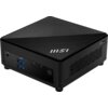 Czarny komputer MSI Cubi 5 z widocznym logo MSI na górnej powierzchni, posiadający dwa porty USB, port USB-C oraz przycisk zasilania na przednim panelu. Obudowa ma delikatne, ukośne linie na górze oraz otwory wentylacyjne z boku.