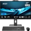 Na zdjęciu widoczny jest komputer typu All-in-One marki MSI z ekranem 27" o rozdzielczości Full HD 1920 x 1080, klawiatura oraz mysz. Na ekranie znajdują się informacje: "intel Core i5", "100 Hz", "DDR5", "FHD", a także logo MSI.