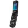 Telefon z klapką w kolorze czarnym, z widocznym ekranem wyświetlającym godzinę 04:06 oraz datę 07-02-2025 Pt., poniżej znajdują się opcje "Menu" i "Kontakty". Na obudowie widoczne jest logo "Krüger&Matz", a klawiatura zawiera duże, białe cyfry i przyciski