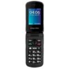 Telefon z klapką w kolorze czarnym, na ekranie wyświetlana jest godzina 04:06 oraz data 07-02-2025 Pt., poniżej widoczne są opcje "Menu" i "Kontakty". Na obudowie znajduje się logo "Krüger&Matz", a klawiatura zawiera duże, białe cyfry i przyciski funkcyjn