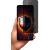 Na zdjęciu widoczny jest telefon trzymany w dłoni, z nałożoną folią prywatyzującą, na ekranie której znajduje się grafika z tarczą i efektem świetlnym. Folia jest częściowo przezroczysta, co pozwala zobaczyć część ekranu telefonu.