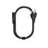 Czarny kabel zasilający z wtyczką sieciową i gniazdem, ułożony w kształt owalu, z zapięciem na rzep pośrodku. Produkt jest przedstawiony na białym tle.