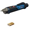 Na zdjęciu znajduje się tester napięcia w kolorze niebiesko-czarnym z widocznym napisem "BOSCH Professional GVD 1000-17" oraz dwie baterie AA. Tester ma wyraźny przycisk zasilania i kilka kolorowych wskaźników na obudowie.