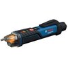 Na zdjęciu znajduje się tester napięcia z widocznym logo "BOSCH Professional GVD 1000-17" oraz przyciskami oznaczonymi jako "ON" i "Mute". Urządzenie ma czarno-niebieską obudowę z przezroczystą końcówką.