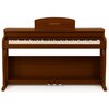 Brązowe pianino cyfrowe z widocznymi klawiszami i trzema pedałami na dole, na górnej części znajduje się napis "MUSICMATE". Instrument ma prostą, elegancką konstrukcję z drewnianym wykończeniem.
