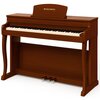 Brązowe pianino cyfrowe z widoczną klawiaturą i trzema pedałami, na górnej części znajduje się napis "MUSICMATE". Instrument ma eleganckie, zaokrąglone nogi i prostą konstrukcję.