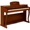 Brązowe pianino cyfrowe z widoczną klawiaturą i trzema pedałami, na górnej części znajduje się napis "MUSICMATE". Instrument ma elegancką, klasyczną obudowę z zaokrąglonymi krawędziami.