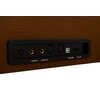 Brązowy panel z gniazdami na pianinie cyfrowym, zawierający porty oznaczone jako AUDIO IN, AUDIO OUT, USB/MIDI oraz DC 15V. Panel jest wbudowany w drewnianą obudowę.