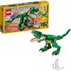 Pudełko zestawu LEGO Creator 3w1 Potężne dinozaury 31058 przedstawia zielonego dinozaura na tle krajobrazu, z widocznymi elementami do zbudowania trzech różnych modeli. Na opakowaniu znajduje się logo LEGO oraz oznaczenie wiekowe 7-12.