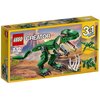 Opakowanie zestawu LEGO Creator 3w1 Potężne dinozaury 31058 przedstawia zielonego dinozaura z otwartą paszczą na tle prehistorycznego krajobrazu. Na pudełku widnieje logo LEGO, napis "CREATOR", oznaczenie wiekowe 7-12 oraz numer zestawu 31058, a także inf