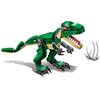 Na zdjęciu znajduje się zielony model dinozaura z klocków LEGO z otwartą paszczą, ukazującą białe zęby, oraz widocznymi pazurami na łapach. Obok dinozaura leżą trzy białe elementy przypominające kości.