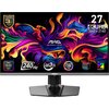Monitor z kolorowym, abstrakcyjnym wzorem na ekranie, z widocznymi napisami: "WARRANTY 3 years OLED", "MAG MSI ARSENAL GAMING", "27 4K UHD 3840 x 2160", "240 Hz", "0.03 ms GTG", "OLED CARE 2.0", "VESA CERTIFIED DisplayHDR". Na dolnej ramce monitora znajdu