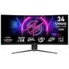 Na zdjęciu znajduje się zakrzywiony monitor z logo MSI na dolnej ramce, wyświetlający grafikę z neonowymi elementami i tekstem: "34 UWQHD 3440 x 1440 1500R", "RAPID VA", "240Hz", "0.5ms GTG", "98W", oraz "G1". Po lewej stronie widoczne jest logo "msi CURV