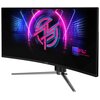 Zakrzywiony monitor z logo MSI na dolnej ramce, wyświetlający kolorową grafikę z neonowymi elementami i logo "MPG" oraz napisem "MSI PERFORMANCE GAMING". Monitor stoi na metalowej podstawie z trzema nogami.