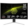 Zakrwiony monitor z logo MSI na środku dolnej ramki, wyświetlający informacje: "32 WQHD 2560 x 1440 1000R", "RAPID VA", "180 Hz", "0.5 ms GTG", "65W", oraz "MAG MSI Arsenal Gaming". Na ekranie widoczne są także grafiki i napisy związane z gamingiem, w tym "CURVED GAMING".