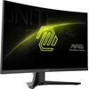 Monitor z zakrzywionym ekranem wyświetla grafikę z neonowym, żółtym logo na tle siatki oraz napis "MAG MSI Arsenal Gaming". Na dolnej ramce monitora widoczne jest logo "msi".