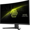 Zakrzewiony monitor z logo "MSI" na dolnej ramce, wyświetlający grafikę z neonowym, żółtym wzorem oraz napisami "MAG" i "MSI ARSENAL GAMING".