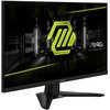 Monitor z czarną ramką i podstawą, wyświetlający grafikę z neonowym, żółtym logo na tle futurystycznego wnętrza. Na ekranie widoczny jest napis "MAG MSI Arsenal Gaming".