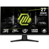 Na zdjęciu widoczny jest monitor z logo MSI na dolnej ramce, z wyświetlanymi informacjami: "27 WQHD 2560 x 1440", "RAPID IPS", "180Hz", "0.5ms GTG", "HDR READY" oraz "MAG MSI ARSENAL GAMING". Tło ekranu jest ciemne z neonowym, zielonym wzorem geometryczny