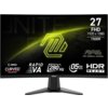 Monitor z zakrzywionym ekranem wyświetla informacje: "27 FHD 1920 x 1080 1500R", "RAPID VA", "280 Hz", "0.5 ms GTG", "HDR READY", oraz logo "MSI Curved Gaming" i "MAG MSI Arsenal Gaming". Tło jest ciemne z zielonymi elementami graficznymi.