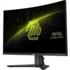 Na zdjęciu widoczny jest zakrzywiony monitor z logo "MSI" na dolnej ramce oraz napisem "MAG MSI ARSENAL GAMING" na ekranie. Ekran wyświetla grafikę z neonowym, żółtym wzorem i tekstem "UNITE" w tle.