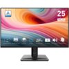 Monitor z kolorowym, abstrakcyjnym tłem na ekranie, z widocznymi ikonami i napisami: "TÜV Rheinland Certified", "25", "FULL HD 1920 x 1080", "Broadened Display", "IPS Wide View Angle", "PerfectEdge", "EyesErgo", "120 Hz", "High Refresh Rate", "Eye-Q Check", "Built-in Speakers", "VESA Mountable". Na podstawie monitora znajduje się logo "MSI".