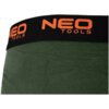 Zdjęcie przedstawia fragment zielonych bokserek z czarną gumką, na której widnieje pomarańczowy napis "NEO TOOLS". Materiał bokserek jest jednolity, a napis jest wyraźny i czytelny.