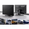 Na zdjęciu widoczny jest czarny ekran VEN-DENS z LCD 9" CarPlay, ustawiony na desce rozdzielczej, z przodu i z tyłu. Poniżej znajdują się zdjęcia pięciu różnych pojazdów, w tym autobusu, ciężarówki, samochodu terenowego, SUV-a i samochodu osobowego.