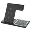 Czarna ładowarka indukcyjna 3w1 z logo "VEN-DENS" i napisem "Wireless Charger" na pionowej części, posiada miejsce na telefon oraz dodatkową powierzchnię do ładowania z symbolem ładowania. Produkt ma nowoczesny design z delikatnym podświetleniem na krawędziach.