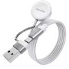 Biała ładowarka do smartwatcha z okrągłą końcówką i kablem USB, z widocznym logo "VEN-DENS" na obu końcówkach. Kabel jest zwinięty, a końcówki połączone są krótkim łańcuszkiem.
