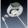Biały smartwatch z okrągłym ekranem pokazującym ikonę ładowania jest umieszczony na ładowarce z napisem "VEN-DENS". Obok znajduje się biały kabel z końcówką USB oraz adapterem, również z napisem "VEN-DENS".