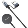 Czarna ładowarka indukcyjna z okrągłą podstawą, na której widnieje napis "VEN-DENS", połączona kablem z końcówką USB oraz odłączanym adapterem. Adapter i kabel są połączone krótkim łańcuszkiem.