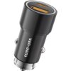 Czarna ładowarka samochodowa z dwoma portami USB, z widocznym napisem "VEN-DENS" na obudowie. Produkt ma metaliczne wykończenie i kompaktowy kształt.