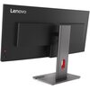 Czarny monitor z zakrzywionym ekranem, zamontowany na prostokątnej podstawie z pionowym wspornikiem, z widocznym logo "Lenovo" w lewym górnym rogu. Na tylnej obudowie znajdują się przyciski oraz otwory wentylacyjne.