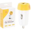 Białe opakowanie z żółtymi elementami zawiera tekst: "36W Multi USB PD+QC Car Charger SL-CCT007". Obok opakowania znajduje się biała ładowarka samochodowa z żółtą końcówką, na której widnieje logo SHELL.