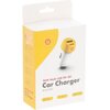 Białe opakowanie ładowarki samochodowej z żółtymi elementami i logo Shell. Na opakowaniu widnieje napis: "36W Multi USB PD+QC Car Charger SL-CCT007", a także ikony i teksty informujące o funkcjach produktu, takich jak "USB-C PD 36W" i "USB-A QC 18W".